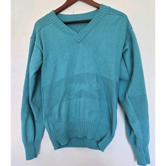 Unbranded Other - Vintage‎ 70s Sweater Mens M Blue Fox Animal V Neck Preppy Casual Grandpa Office